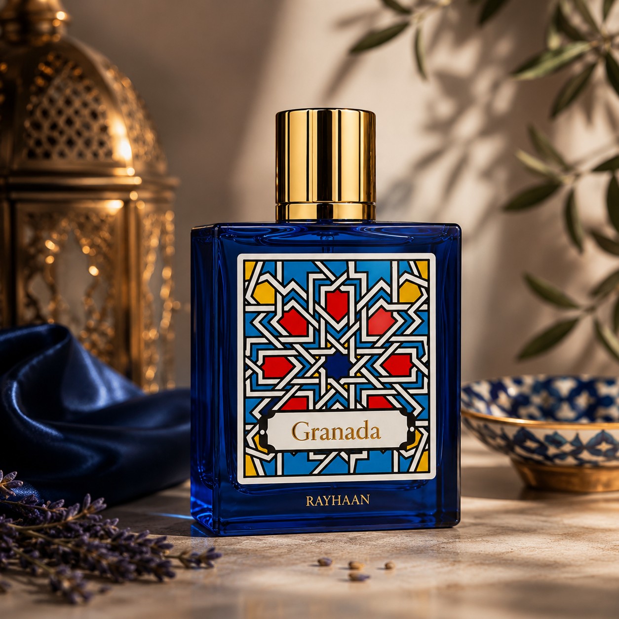 Soghaat Rayhaan Granada Eau de Parfum 100ml, blue glass bottle with gold cap, intricate geometric label. Fresh woody aromatic.