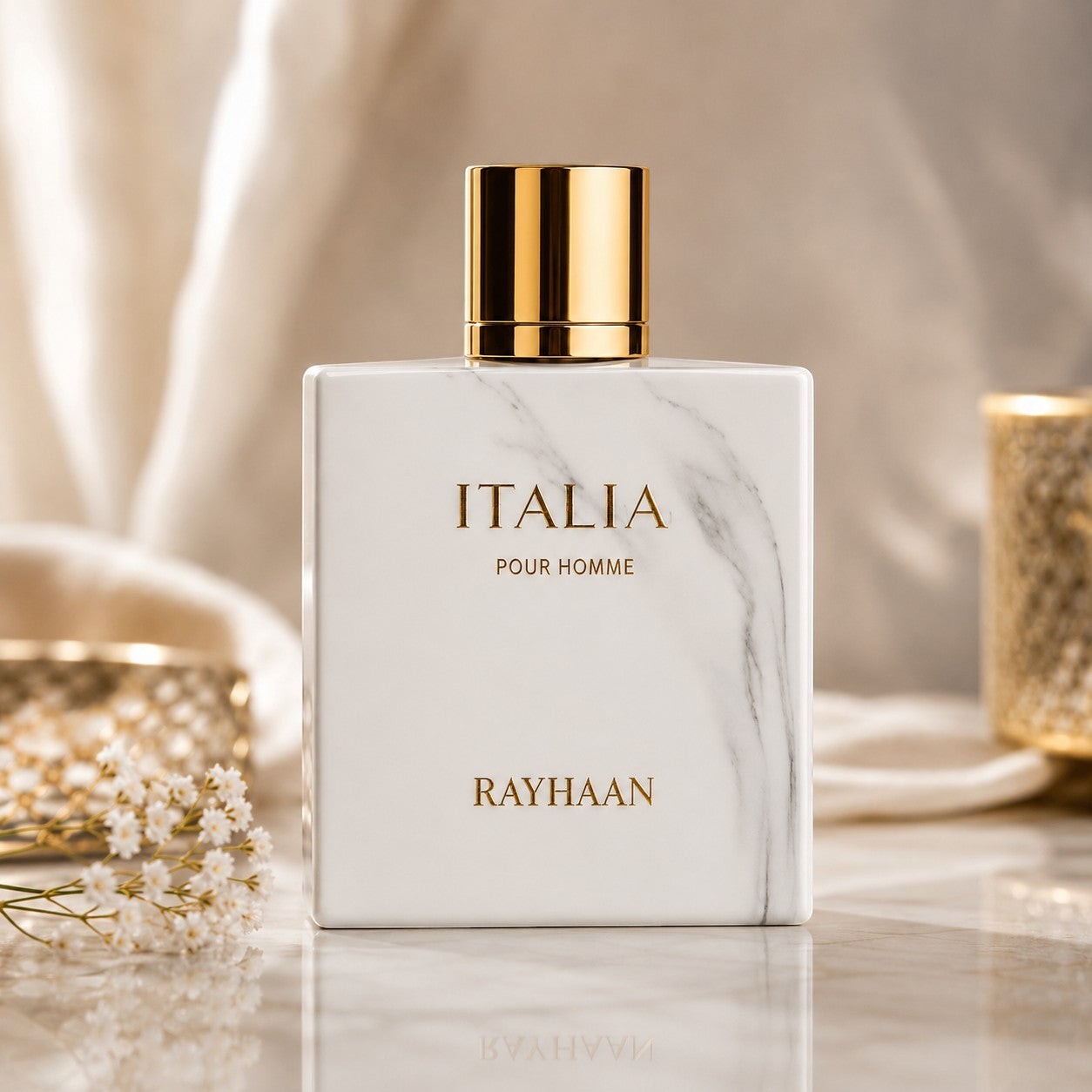 Rayhaan Italia Eau de Parfum by Soghaat in a white marble-effect bottle with gold cap, featuring amber gourmand scent.