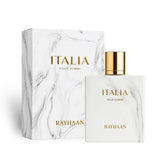 Soghaat Rayhaan Italia Eau de Parfum bottle and box with white marble pattern and gold lettering.