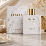 Soghaat Rayhaan Italia Eau de Parfum bottle and box with white marble pattern, gold lettering, and gold cap.