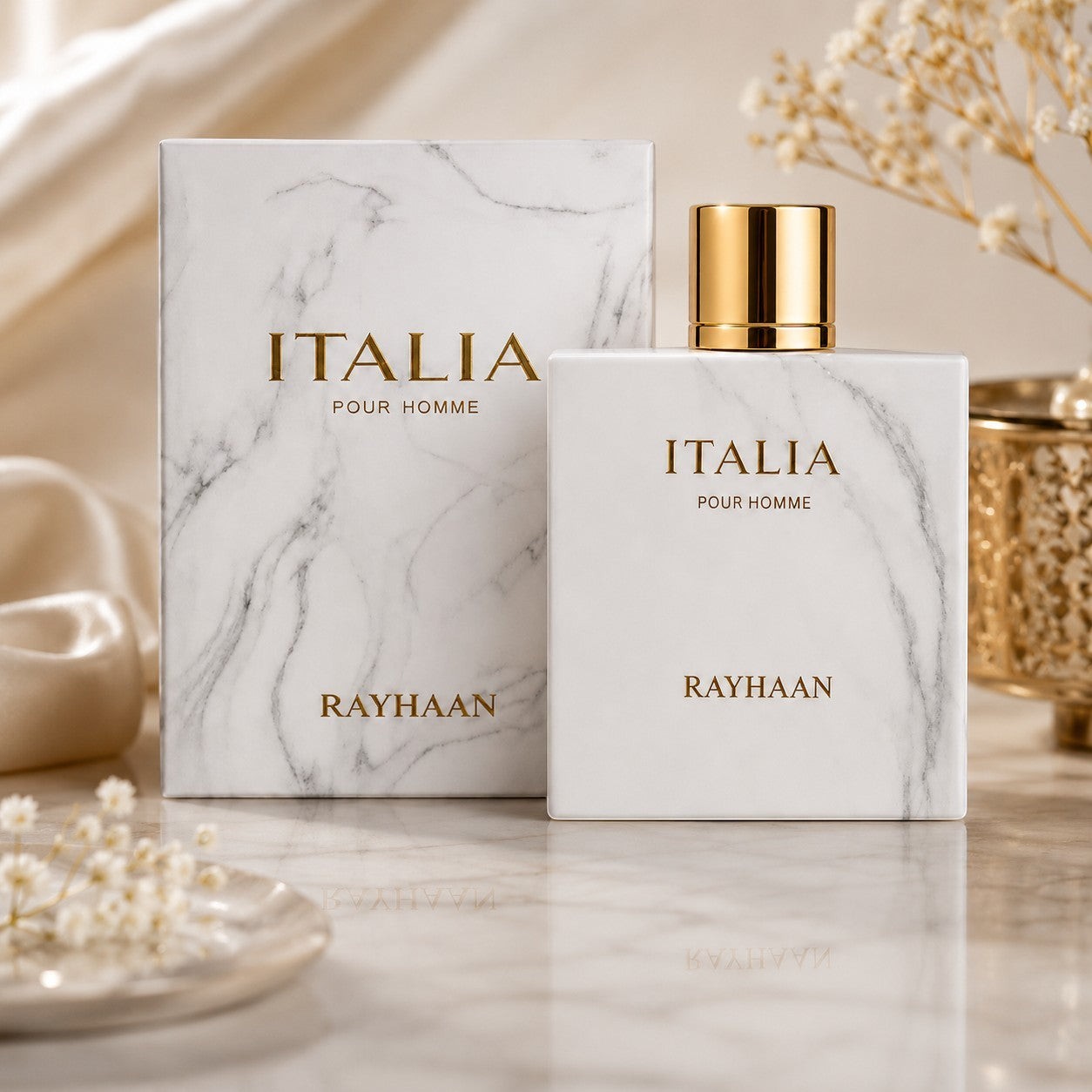 Soghaat Rayhaan Italia Eau de Parfum bottle and box with white marble pattern, gold lettering, and gold cap.