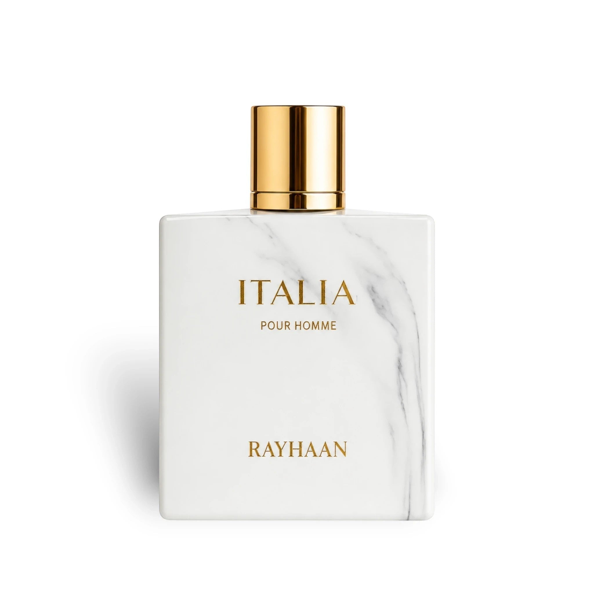 Soghaat Rayhaan Italia Eau de Parfum in a white marble-effect glass bottle with a gold cap and gold lettering.