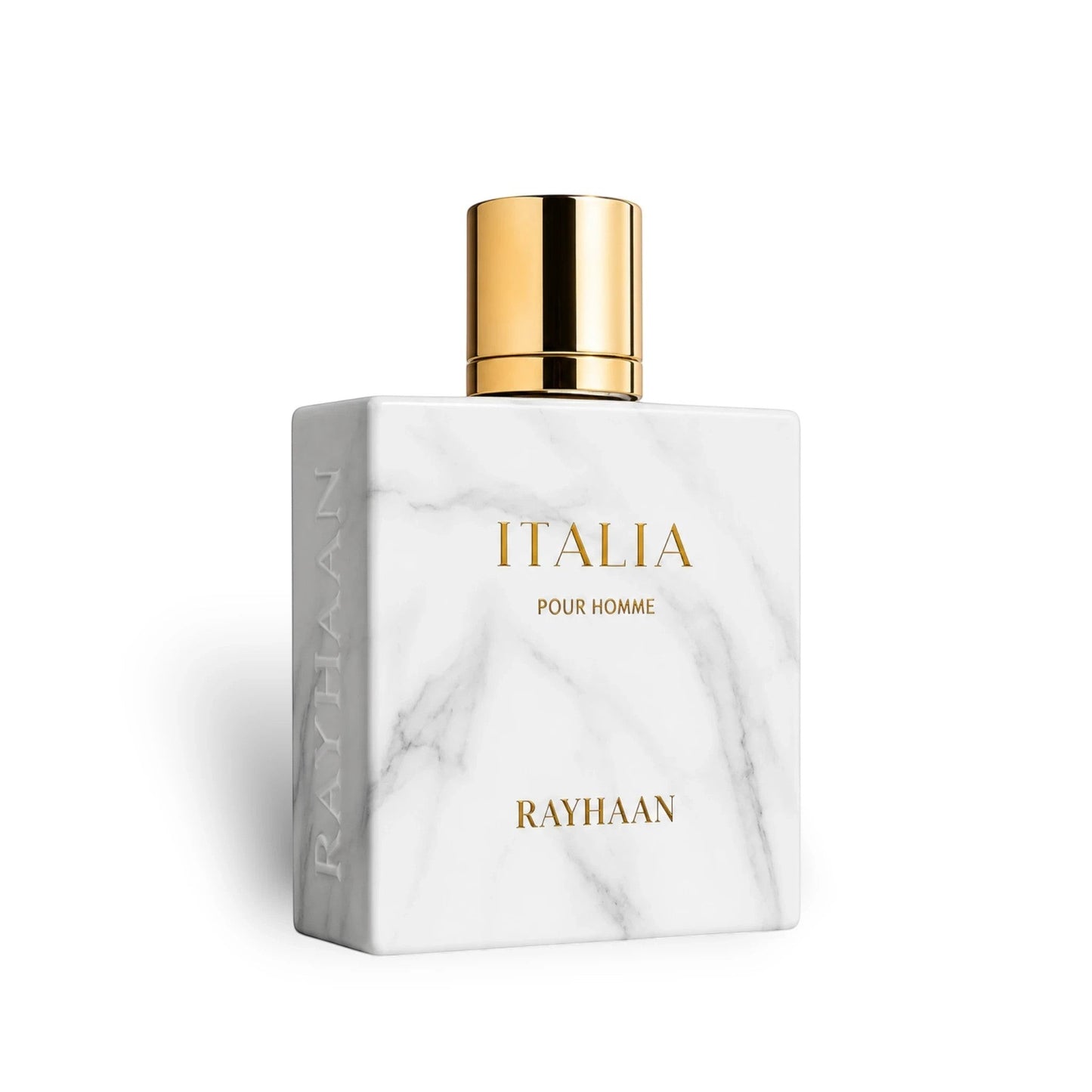 Rayhaan Italia Eau de Parfum by Soghaat in a white marble-effect bottle with gold lettering and a gold cap.