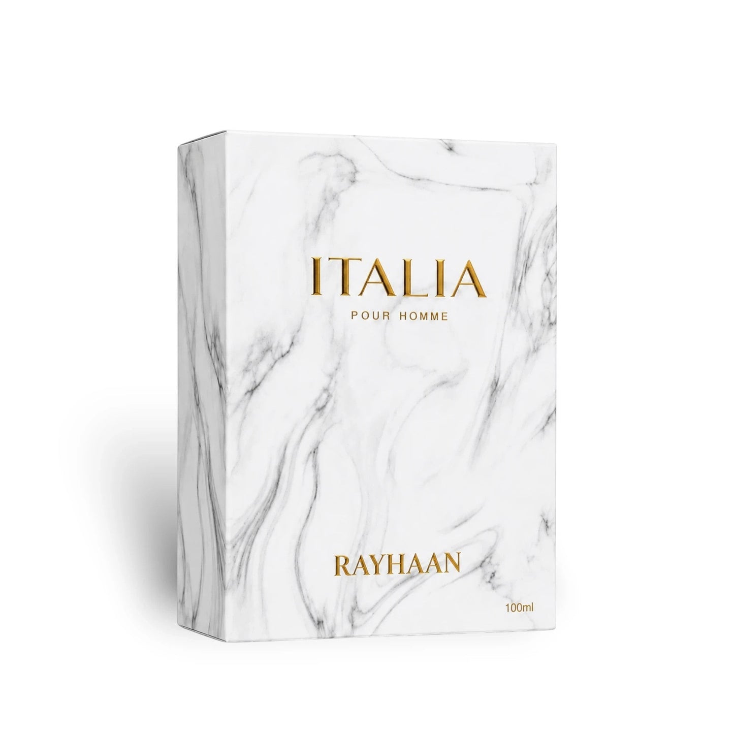 Soghaat Rayhaan Italia 100ml Eau de Parfum in a white marble-patterned box with gold lettering.