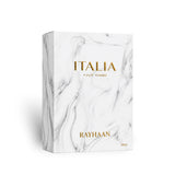 Soghaat Rayhaan Italia 100ml Eau de Parfum in a white marble-patterned box with gold lettering.