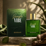 Soghaat Rayhaan Jungle Vibe 100ml Eau de Parfum bottle and box in deep green with gold accents on a stone surface.