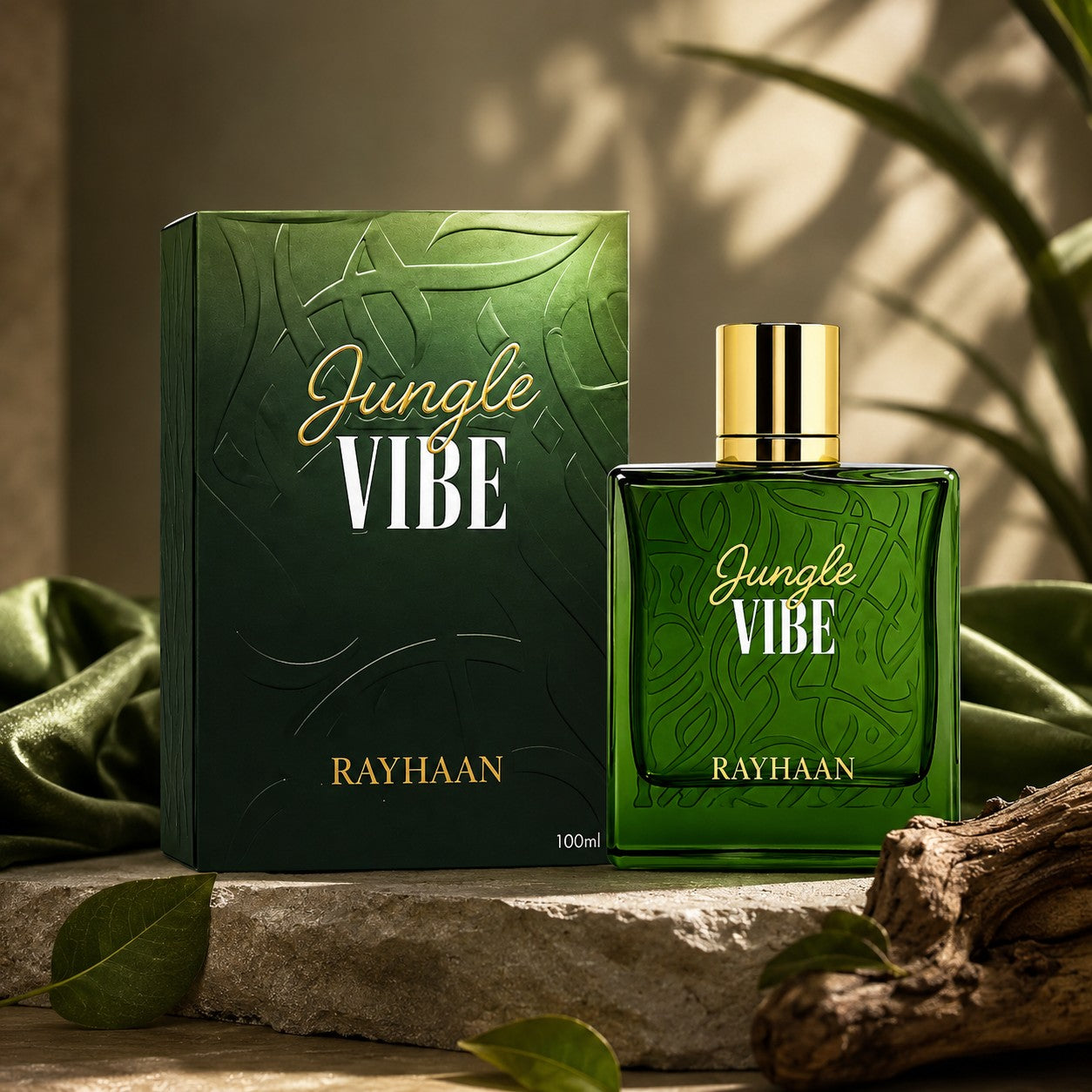 Soghaat Rayhaan Jungle Vibe 100ml Eau de Parfum bottle and box in deep green with gold accents on a stone surface.