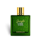 Soghaat Rayhaan Jungle Vibe Eau de Parfum in a square green glass bottle with gold cap and embossed leaf pattern.