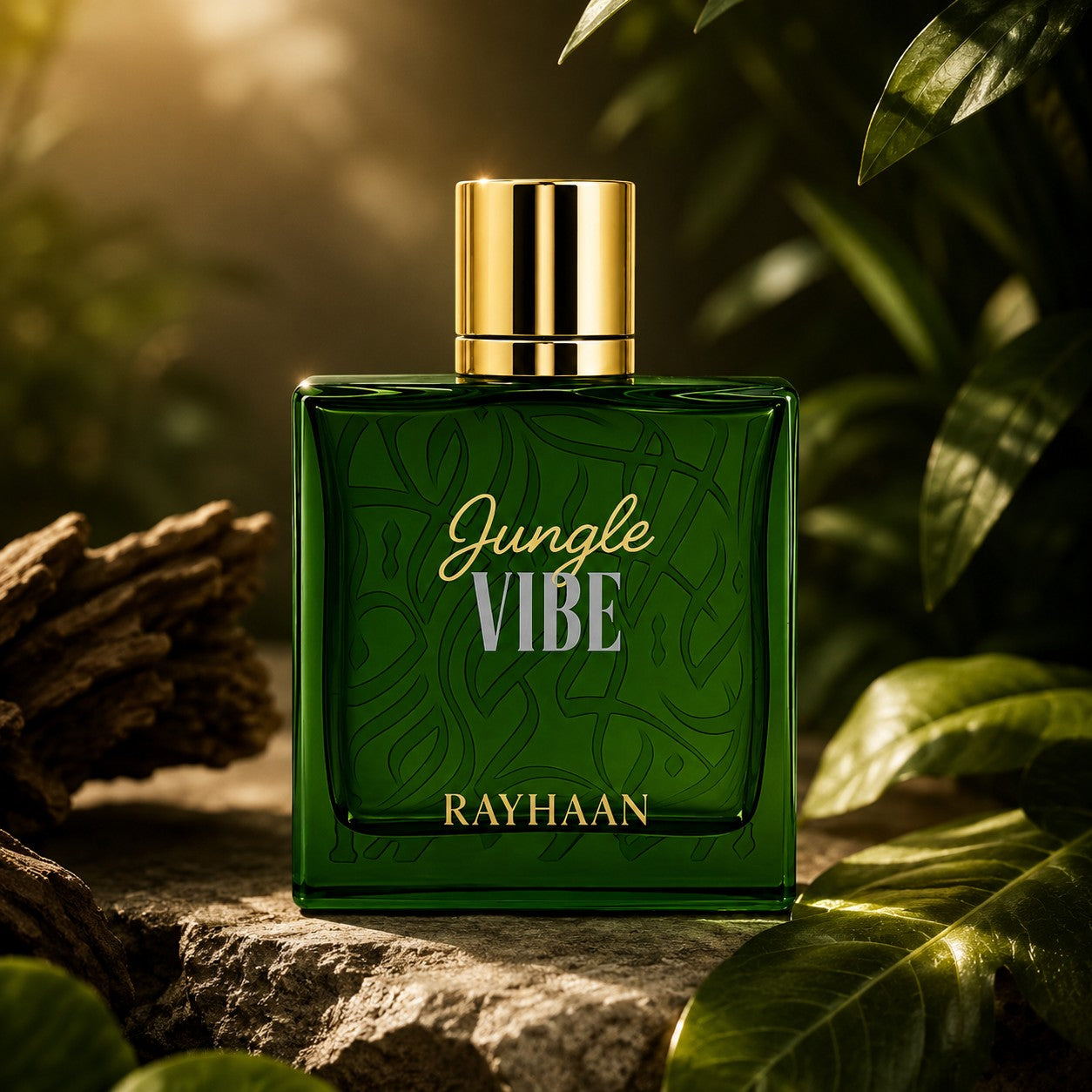 Soghaat Rayhaan Jungle Vibe Eau de Parfum in a green glass bottle with gold cap, set against a lush jungle background.