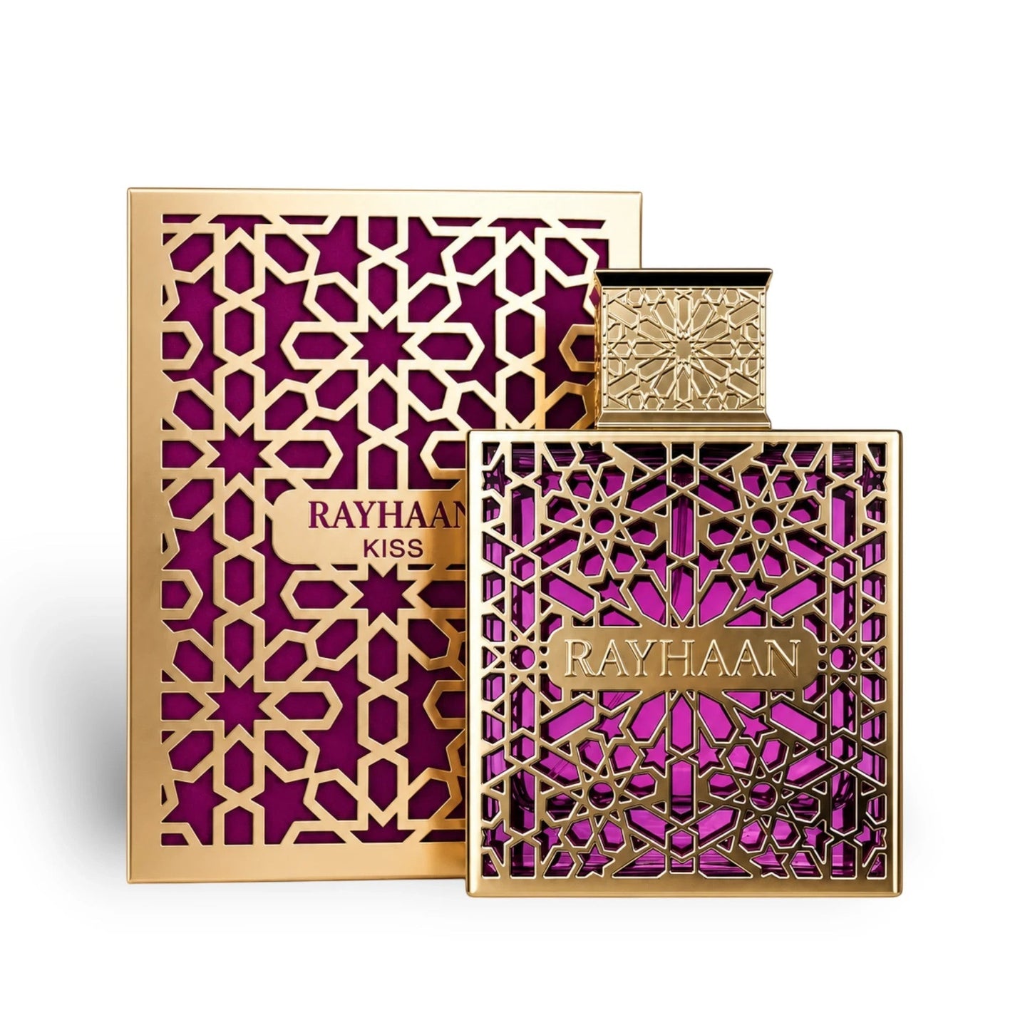 Soghaat Rayhaan Kiss 100ml Eau de Parfum for unisex, featuring a gold filigree bottle with purple glass and matching presentation box.