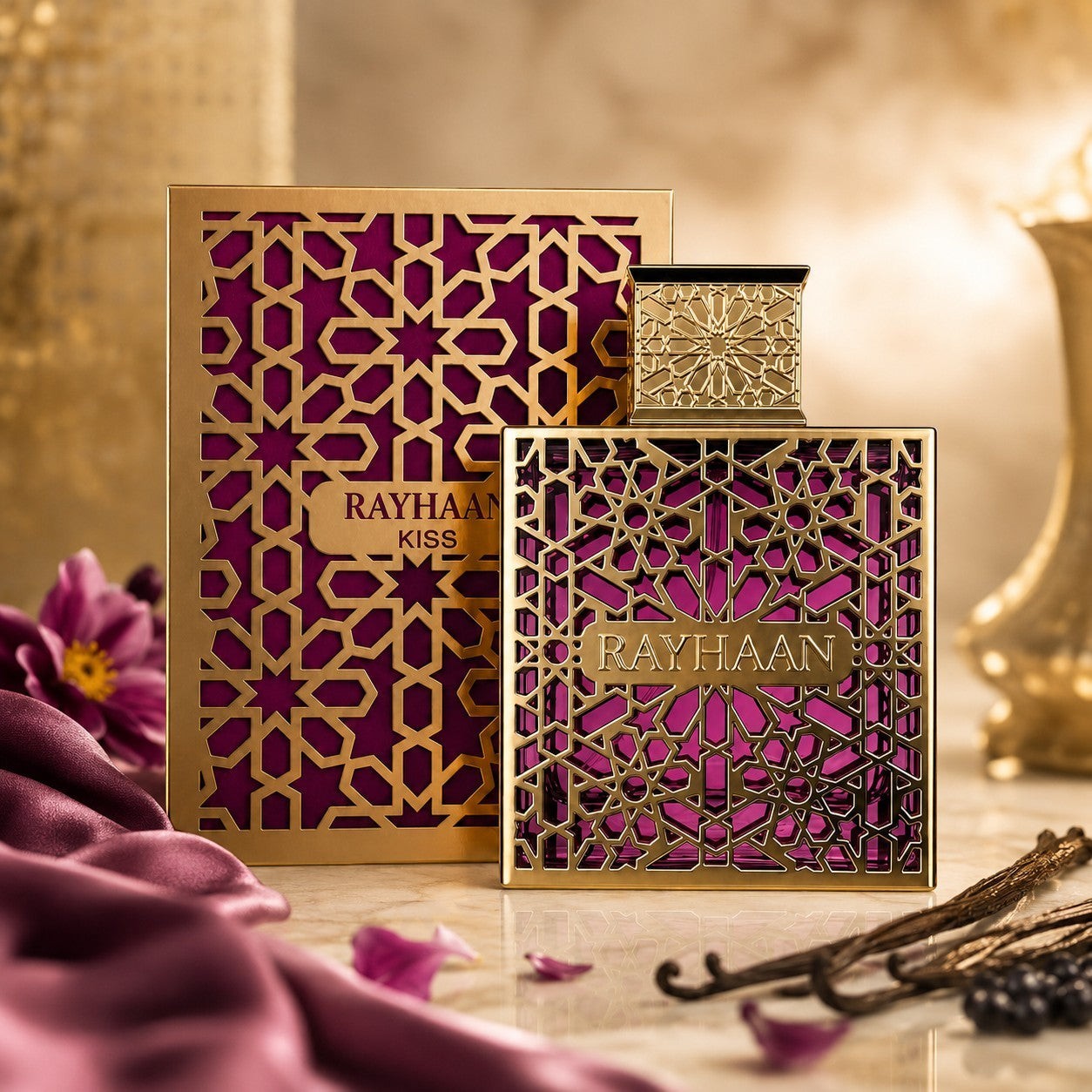 Soghaat Rayhaan Kiss 100ml Eau de Parfum for unisex, featuring a gold ornate bottle with purple glass and intricate geometric patterns.