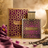 Soghaat Rayhaan Kiss 100ml Eau de Parfum for unisex, featuring a gold ornate bottle with purple glass and intricate geometric patterns.