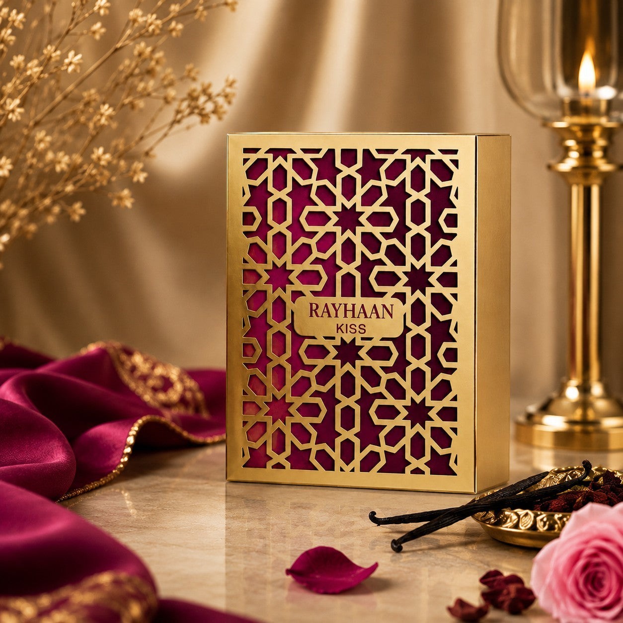 Soghaat Rayhaan Kiss 100ml Eau de Parfum, a unisex soft sweet musk fragrance with a gold geometric cut-out box.