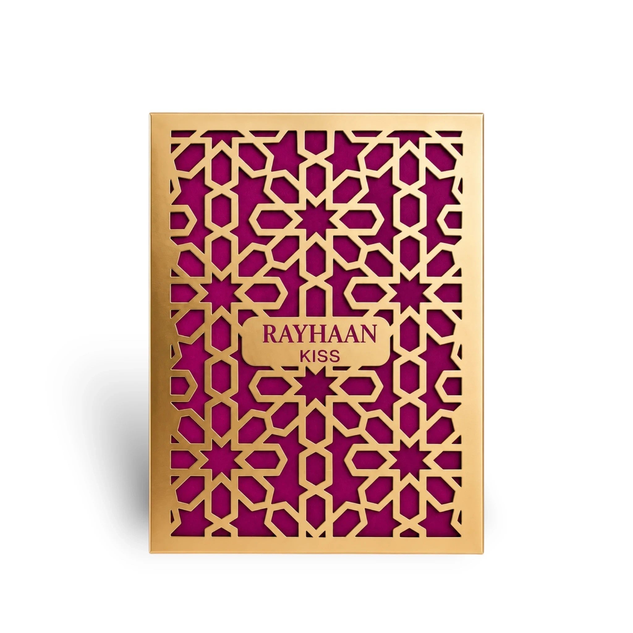 Soghaat Rayhaan Kiss 100ml Eau de Parfum for unisex, featuring a gold geometric overlay on a magenta background.