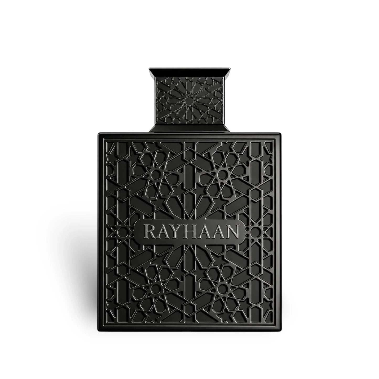 Soghaat Rayhaan Obsidian Eau de Parfum in a sleek black bottle with intricate geometric lattice detailing.