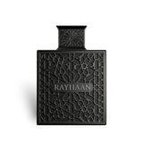 Soghaat Rayhaan Obsidian Eau de Parfum in a sleek black bottle with intricate geometric lattice detailing.