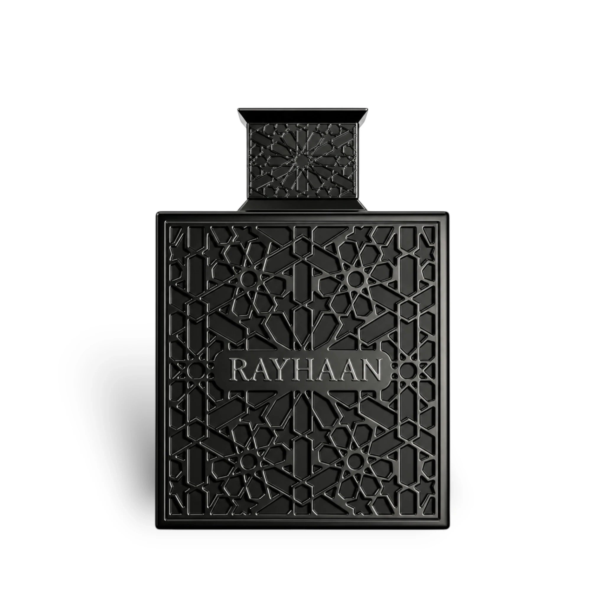 Soghaat Rayhaan Obsidian Eau de Parfum in a sleek black bottle with intricate geometric lattice detailing.