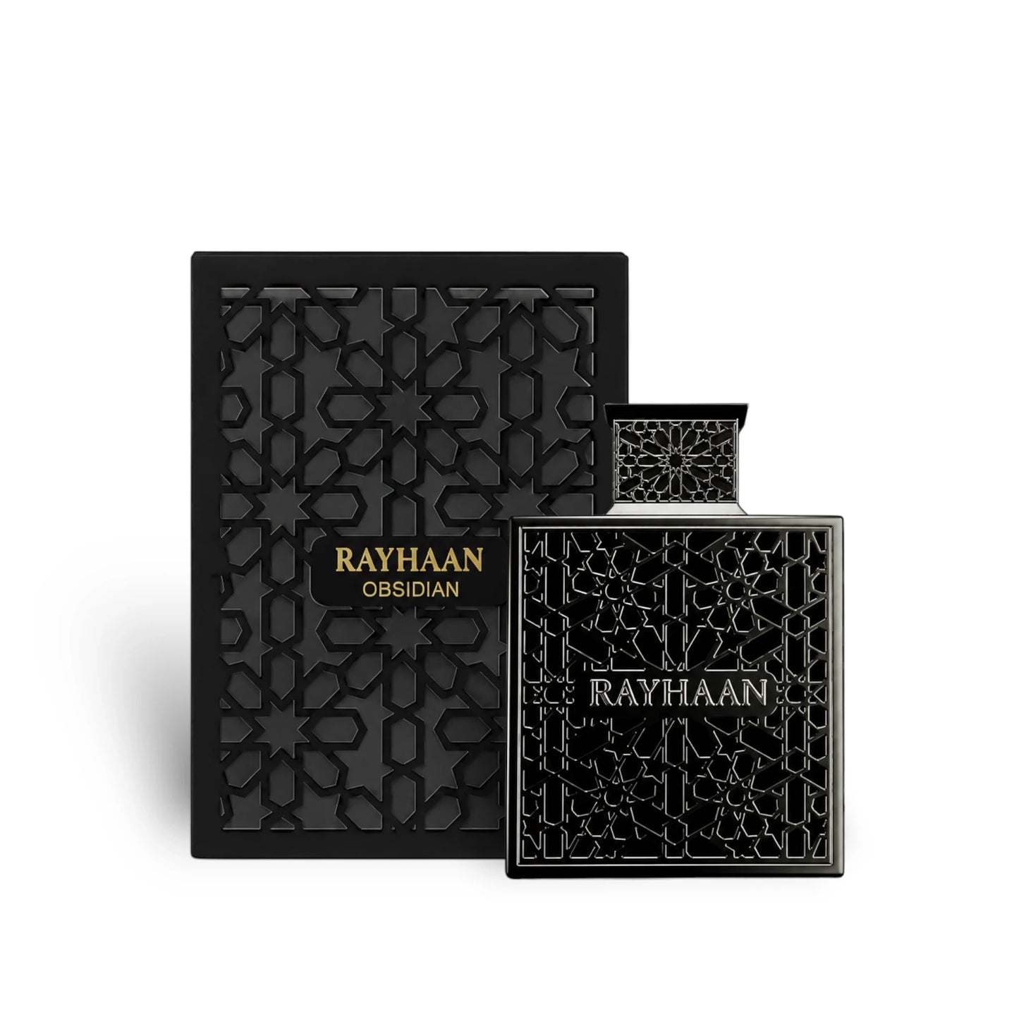 Soghaat Rayhaan Obsidian Eau de Parfum bottle and box with intricate black geometric lattice design and gold lettering.