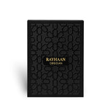 Soghaat Rayhaan Obsidian Eau de Parfum in a sleek black box with intricate geometric patterns and gold lettering.
