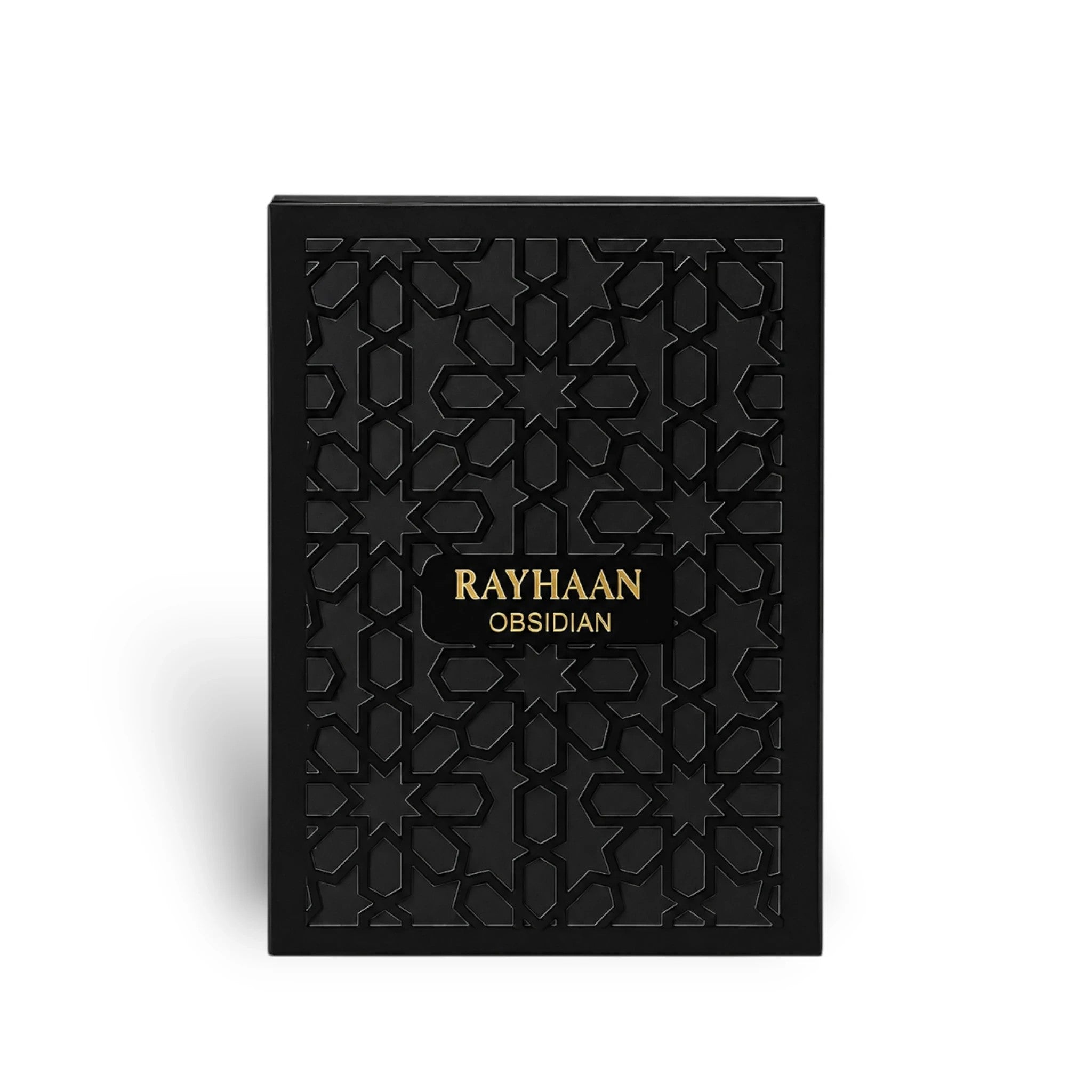 Soghaat Rayhaan Obsidian Eau de Parfum in a sleek black box with intricate geometric patterns and gold lettering.