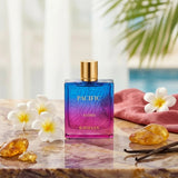 Soghaat Rayhaan Pacific Aloha unisex Eau de Parfum in a blue and pink gradient bottle with tropical flowers.