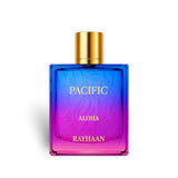Soghaat Rayhaan Pacific Aloha 100ml unisex Eau de Parfum in a blue and pink gradient glass bottle with gold cap.