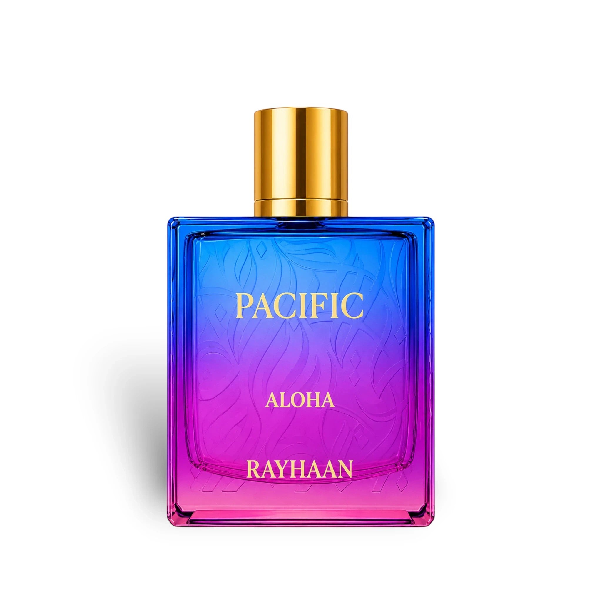 Soghaat Rayhaan Pacific Aloha 100ml unisex Eau de Parfum in a blue and pink gradient glass bottle with gold cap.