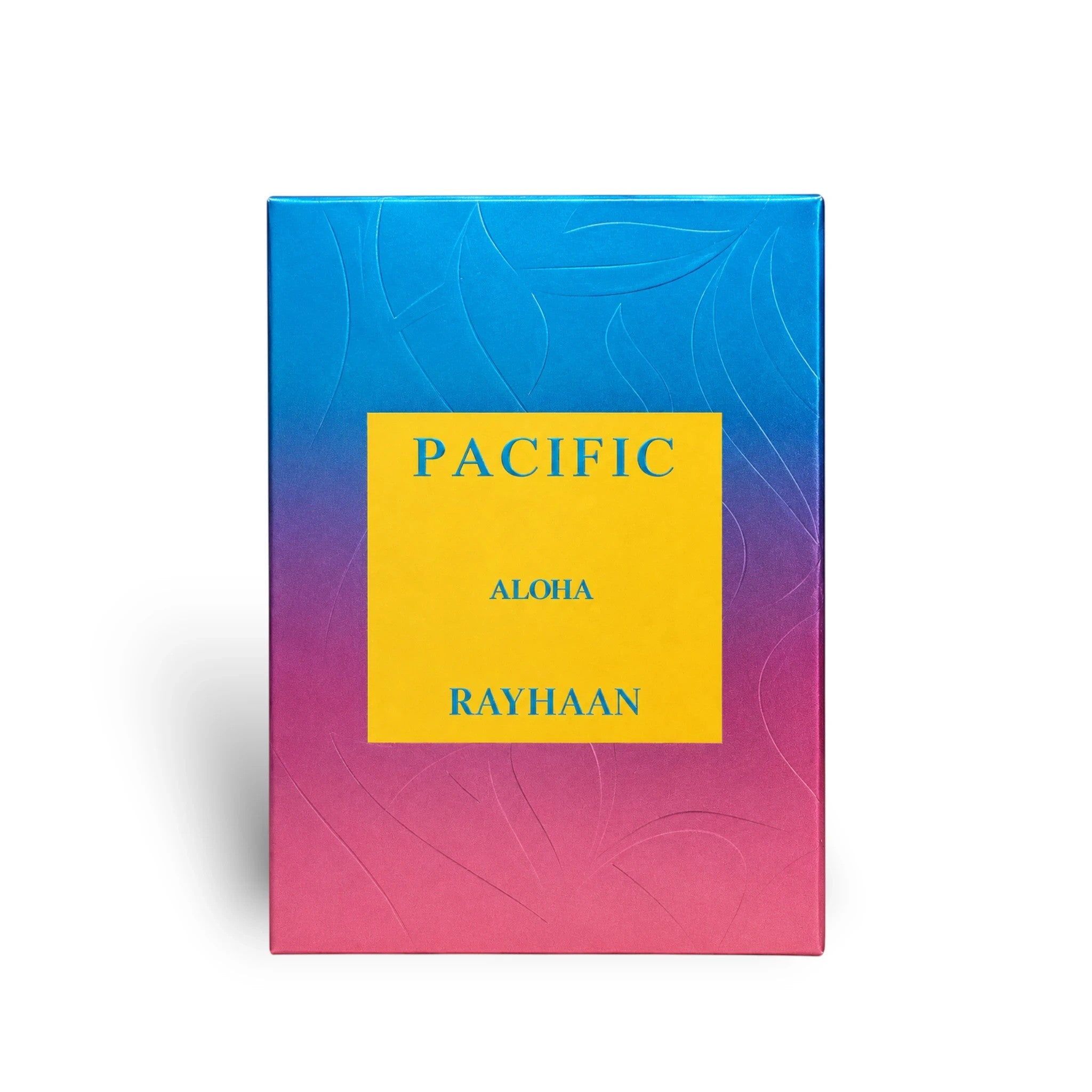 Soghaat Rayhaan Pacific Aloha unisex Eau de Parfum in a vibrant blue to pink gradient box with tropical leaf texture.
