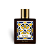 Soghaat Rayhaan Seville 100ml Eau de Parfum, a fresh woody aromatic unisex fragrance with a gold cap and intricate geometric label.