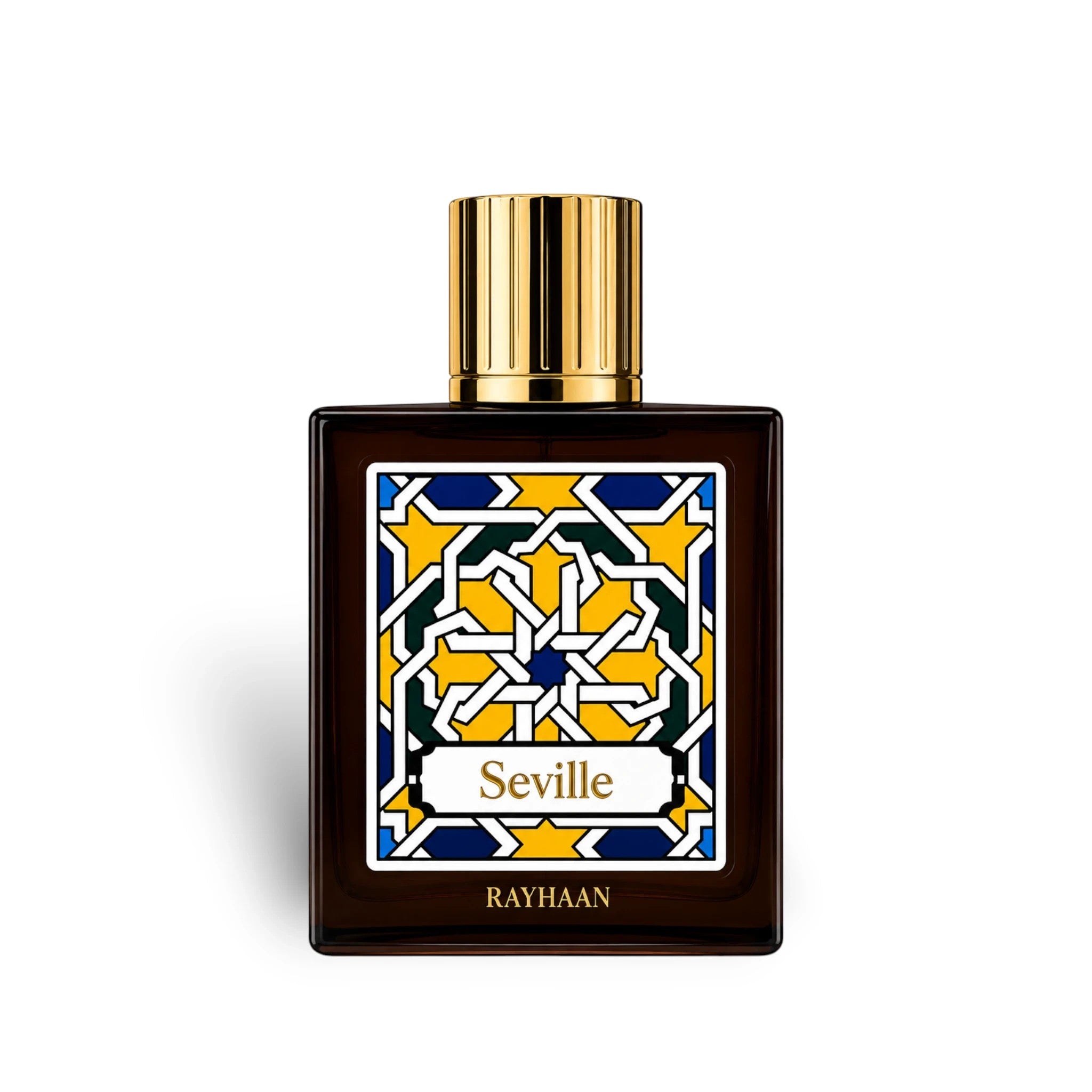 Soghaat Rayhaan Seville 100ml Eau de Parfum, a fresh woody aromatic unisex fragrance with a gold cap and intricate geometric label.