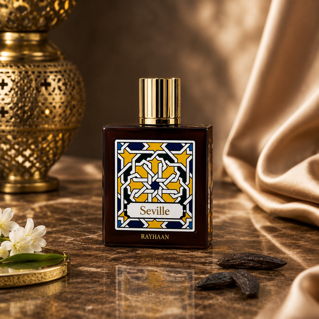 Soghaat Rayhaan Seville Eau de Parfum 100ml, a woody aromatic fragrance with a gold cap and intricate geometric label.