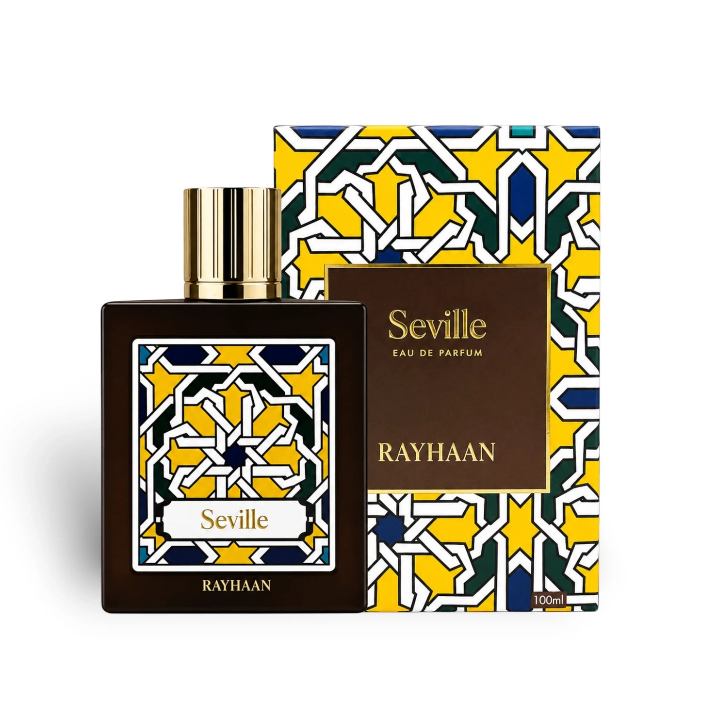 Soghaat Rayhaan Seville 100ml Eau de Parfum bottle and box with geometric yellow, blue, and green pattern.