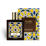 Soghaat Rayhaan Seville 100ml Eau de Parfum bottle and box with geometric yellow, blue, and green pattern.