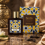 Soghaat Rayhaan Seville Eau de Parfum 100ml bottle and box with gold cap, featuring geometric patterns in yellow, blue, and white.