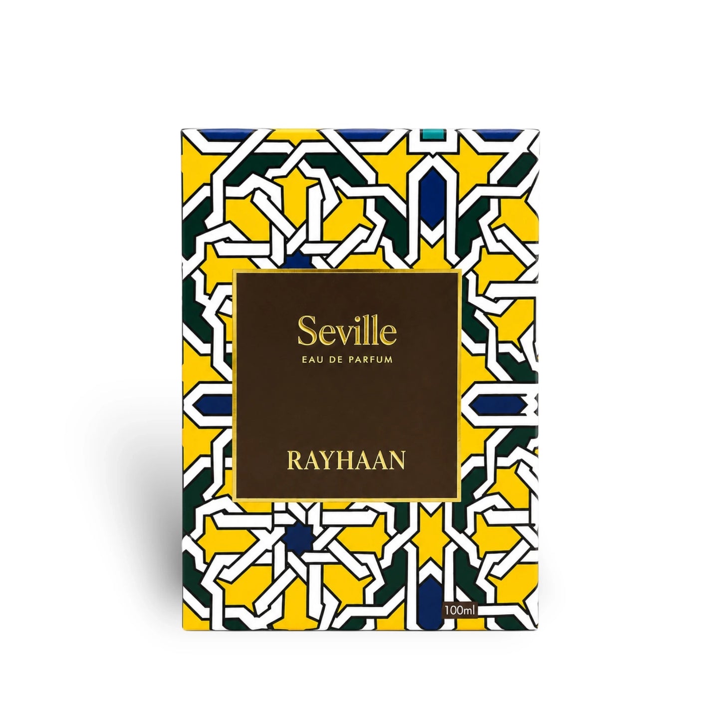 Soghaat Rayhaan Seville 100ml Eau de Parfum box with yellow, blue, and green geometric pattern.