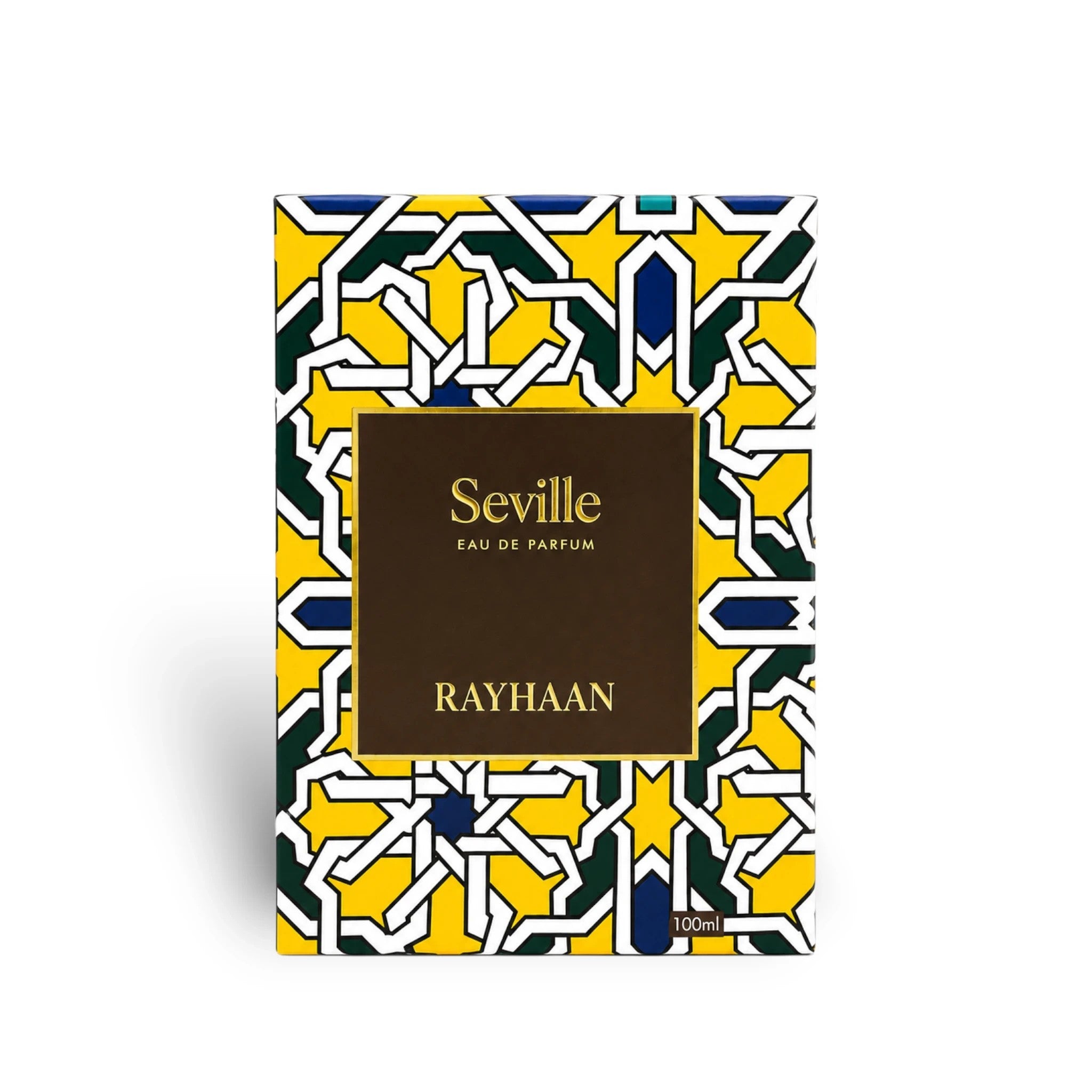 Soghaat Rayhaan Seville 100ml Eau de Parfum box with yellow, blue, and green geometric pattern.
