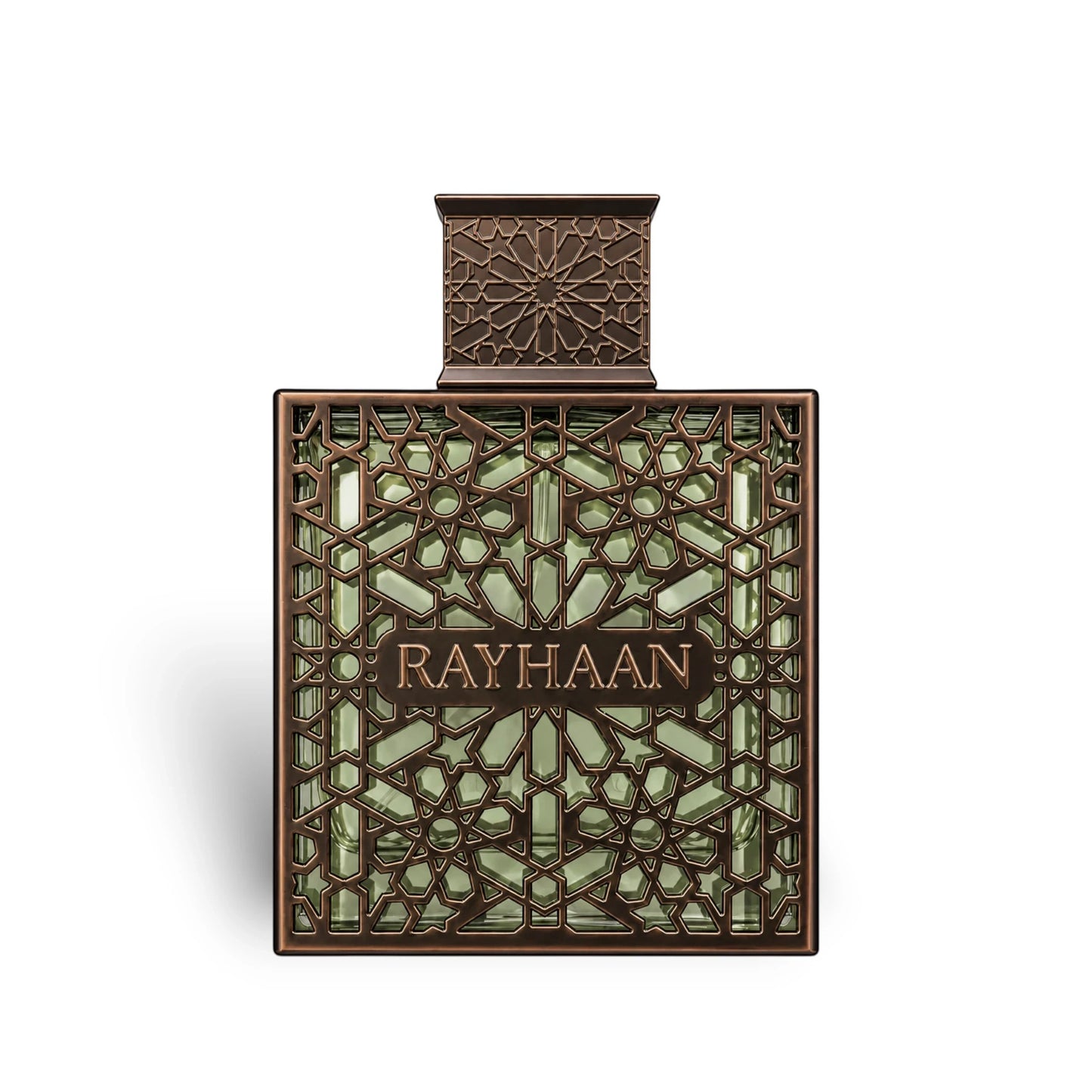 Soghaat Rayhaan Terra Eau de Parfum in a square glass bottle with an intricate bronze geometric lattice overlay.