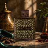 Soghaat Rayhaan Terra Eau de Parfum bottle with intricate bronze lattice overlay on a marble surface with oud wood.