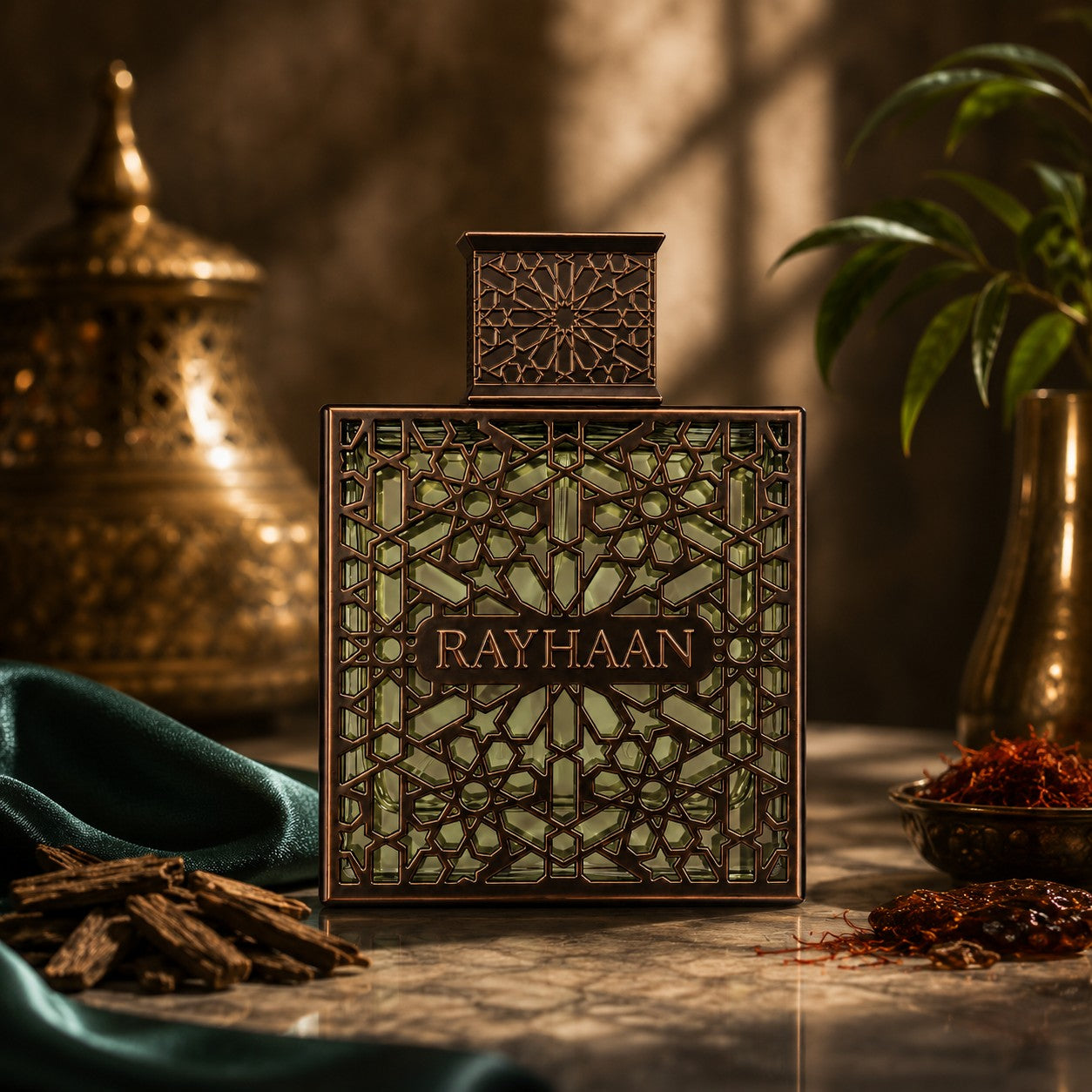Soghaat Rayhaan Terra Eau de Parfum bottle with intricate bronze lattice overlay on a marble surface with oud wood.