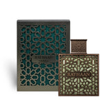 Soghaat Rayhaan Terra Eau de Parfum bottle and box featuring intricate bronze geometric patterns and green glass.