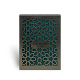 Soghaat Rayhaan Terra Eau de Parfum box featuring an intricate dark metallic geometric lattice over a teal background.