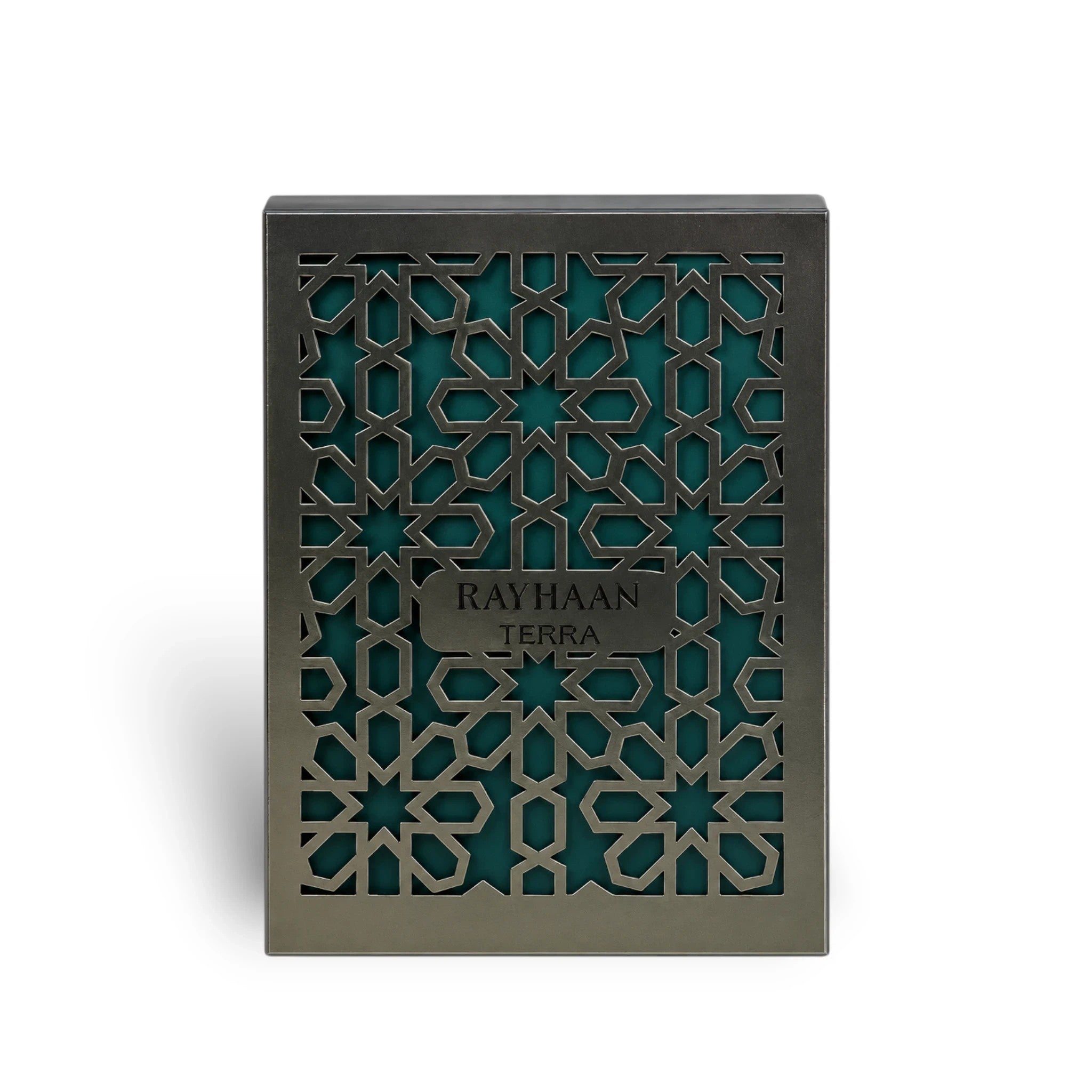Soghaat Rayhaan Terra Eau de Parfum box featuring an intricate dark metallic geometric lattice over a teal background.