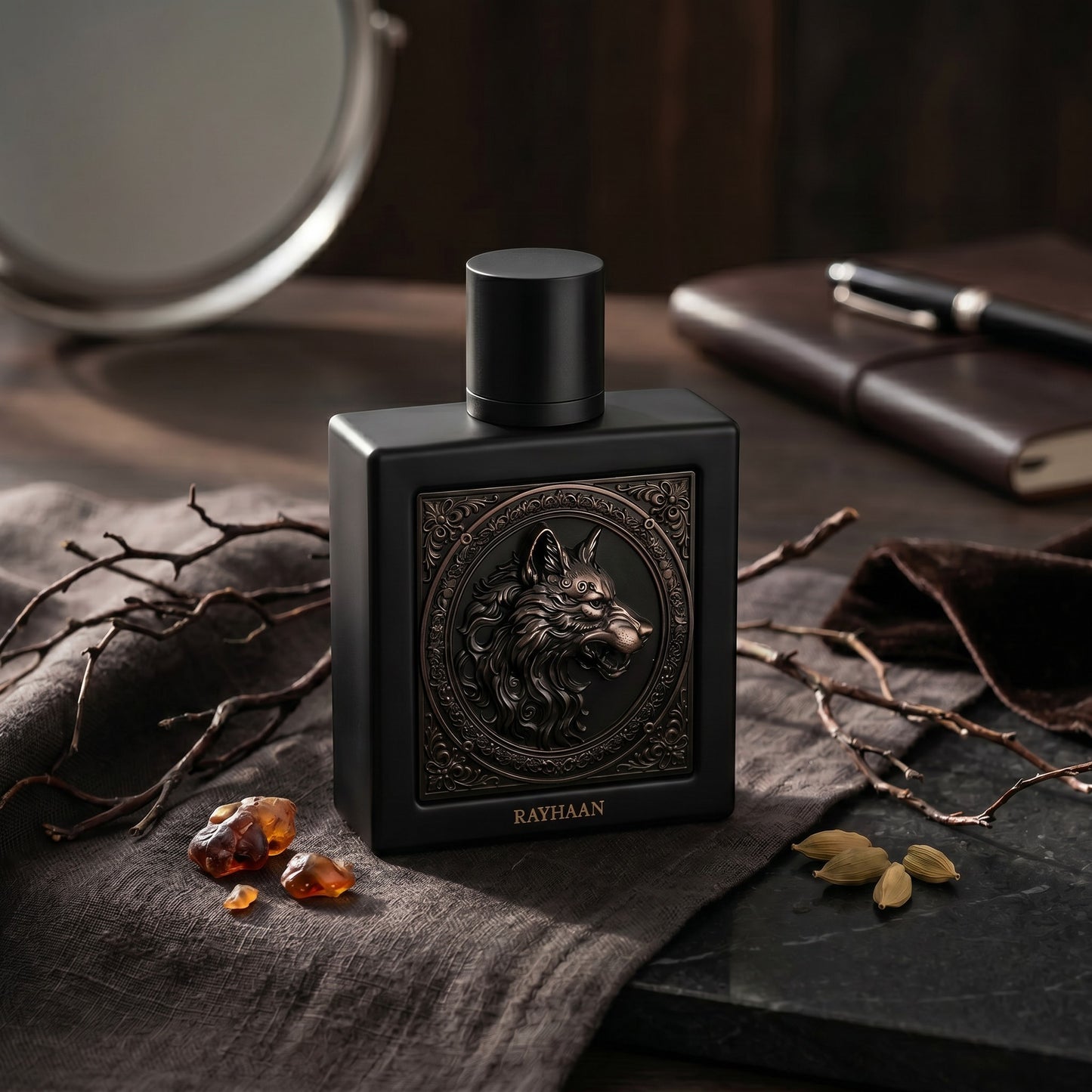 Soghaat Rayhaan Wolf Eau de Parfum bottle featuring a bronze wolf emblem on a matte black square flacon with spices.