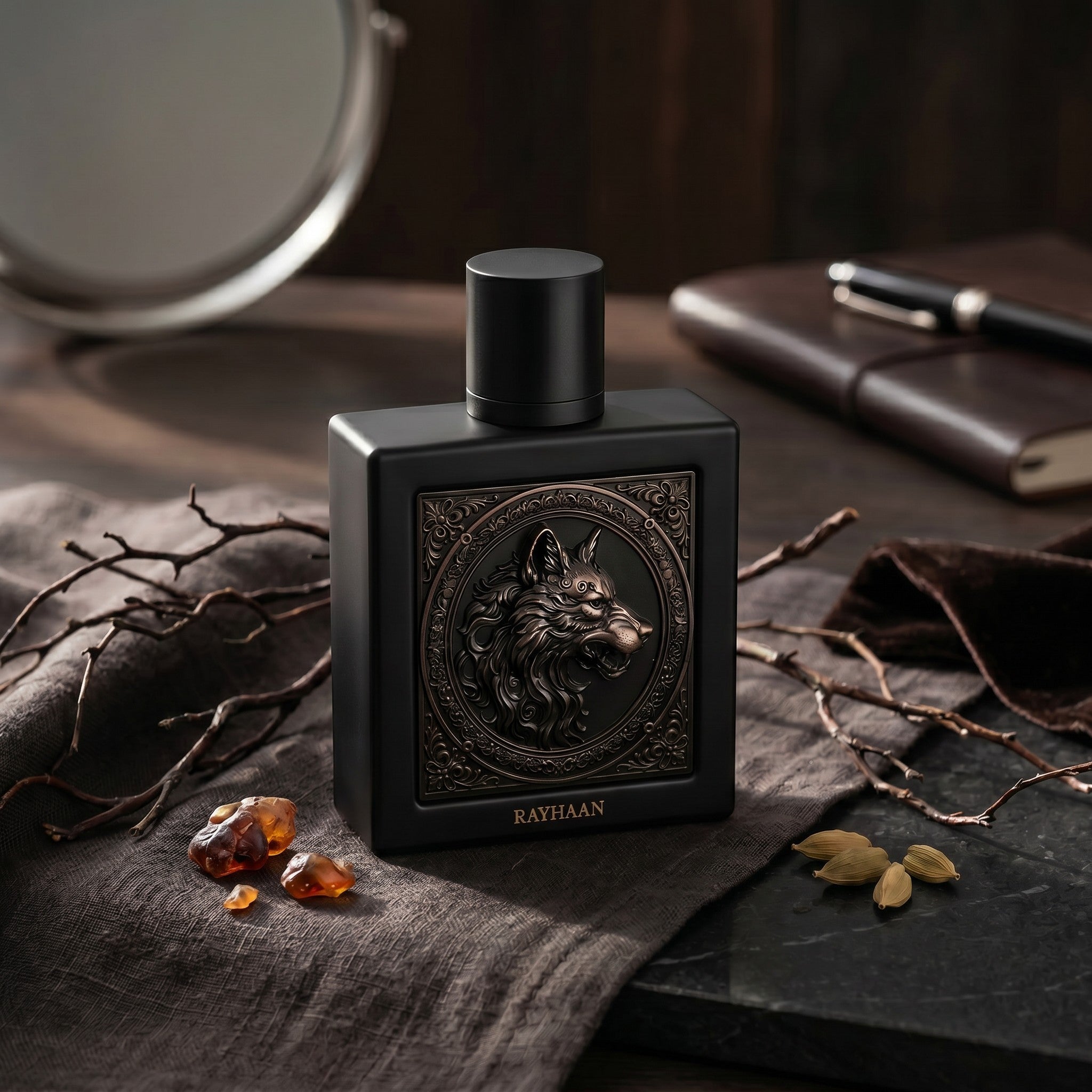 Soghaat Rayhaan Wolf Eau de Parfum bottle featuring a bronze wolf emblem on a matte black square flacon with spices.