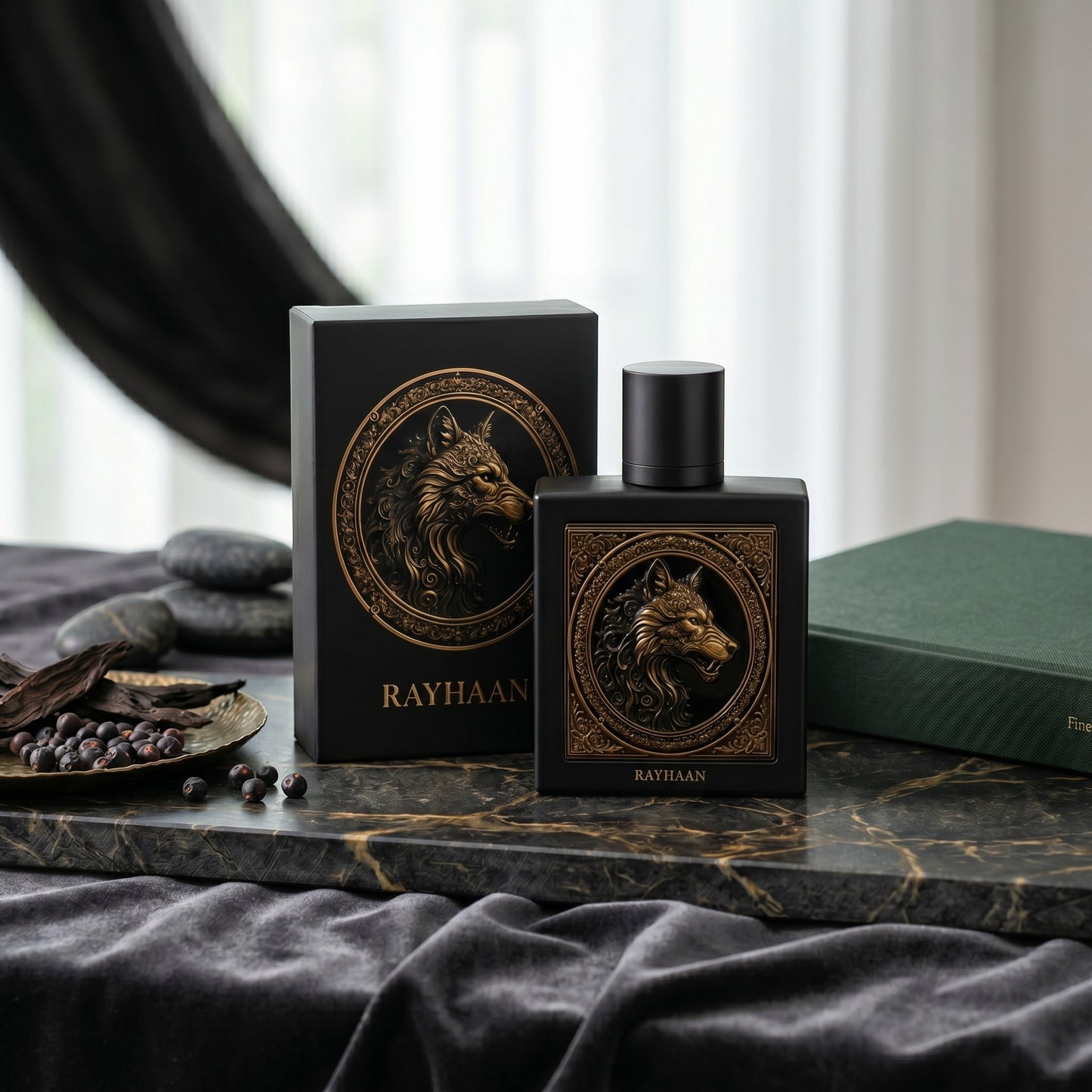 Soghaat Rayhaan Wolf Eau de Parfum bottle and box featuring a gold wolf emblem on a black matte finish.