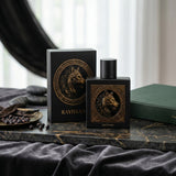 Soghaat Rayhaan Wolf Eau de Parfum bottle and box featuring a gold wolf emblem on a black matte finish.
