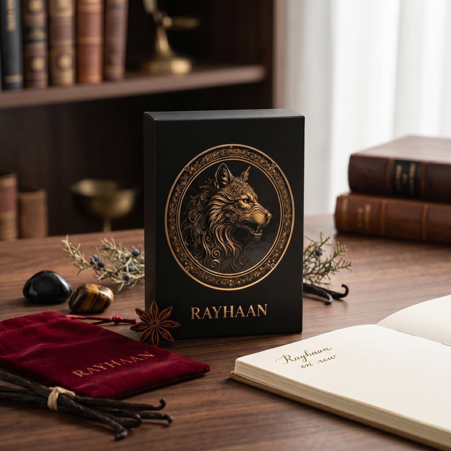 Soghaat Rayhaan Wolf Eau de Parfum box featuring a gold wolf emblem on a black background, displayed on a wooden desk.
