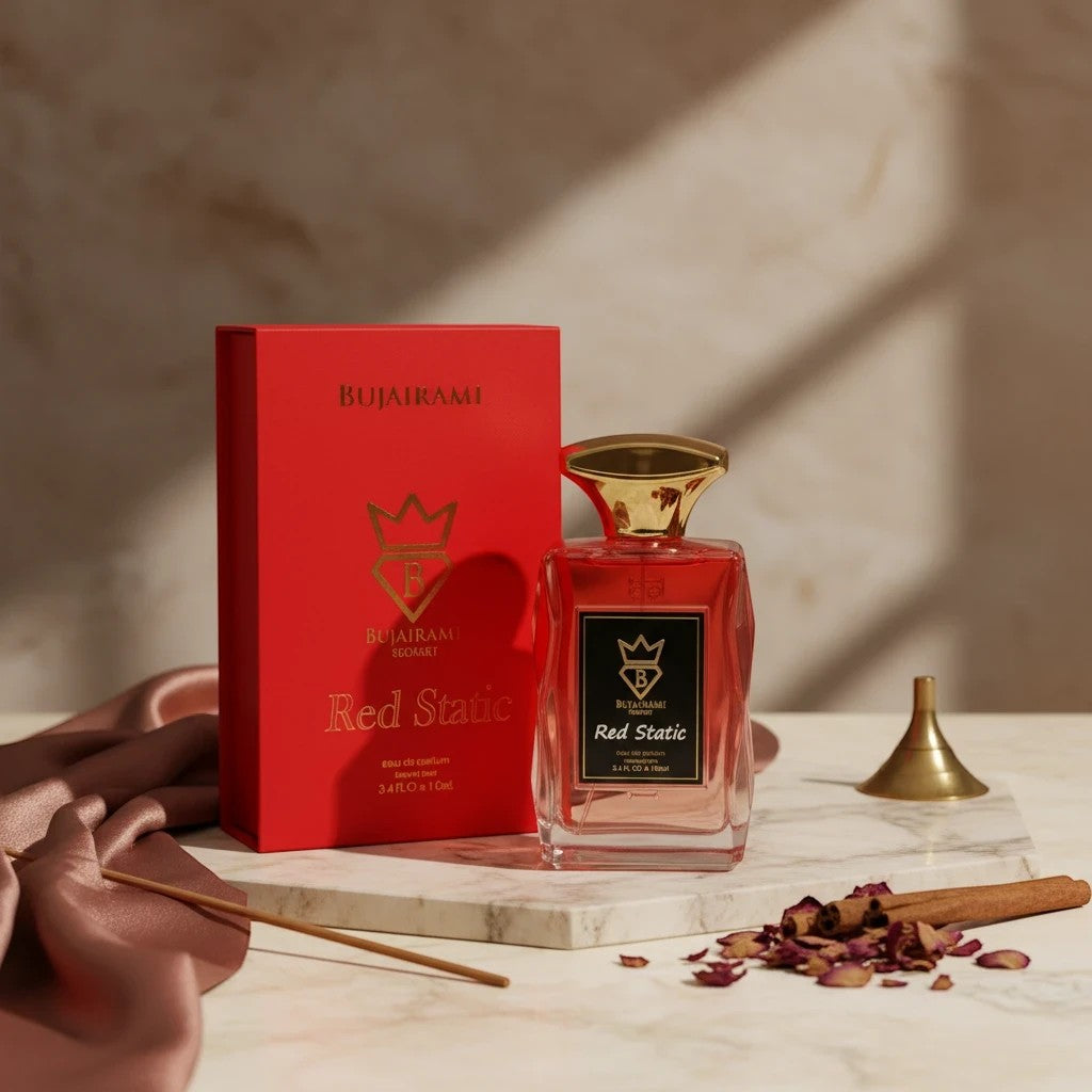 Soghaat Red Static 100ml Eau de Parfum bottle and box, unisex floral amber fragrance with cherry and rose notes.