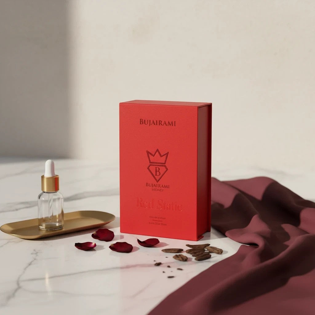 Soghaat Red Static 100ml Eau de Parfum, a unisex floral amber fragrance with cherry, rose, and red fruits.