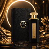 Soghaat Reef 29 unisex Eau de Parfum bottle and black floral box with gold accents on a dark marble surface.